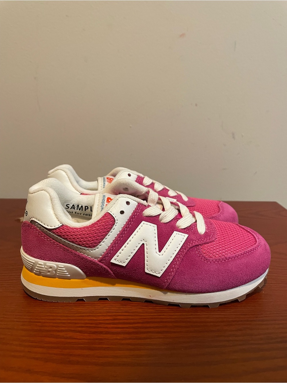 New Balance Kids Pink & White Low-Top Sneakers with Yellow Accent